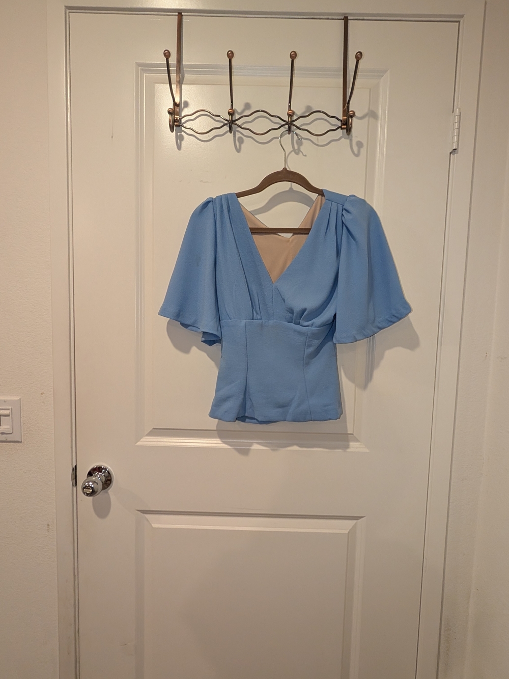 Pinup Couture Laura Byrnes Sky-Blue Baby Blue V-Neck Flutter Sleeve Top Women's